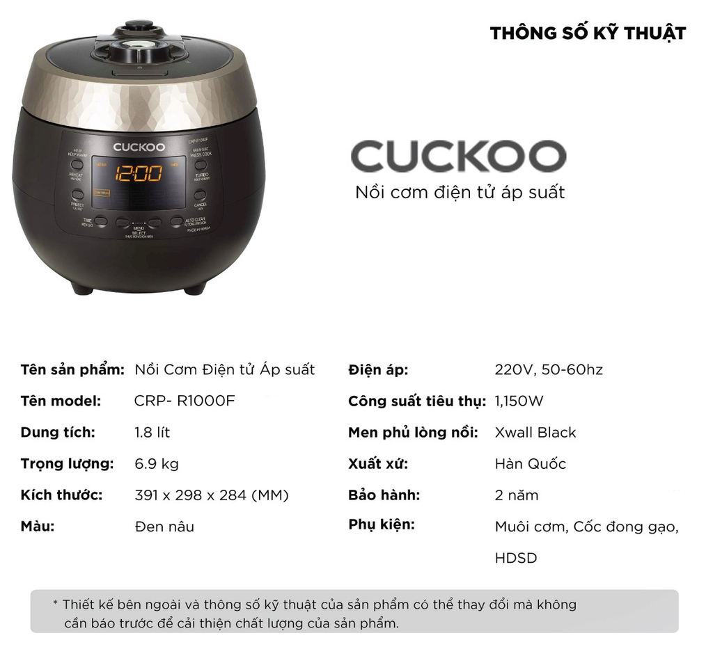 Nồi cơm điện tử áp suất CRP-R1000F/BKGBCRVNCV
