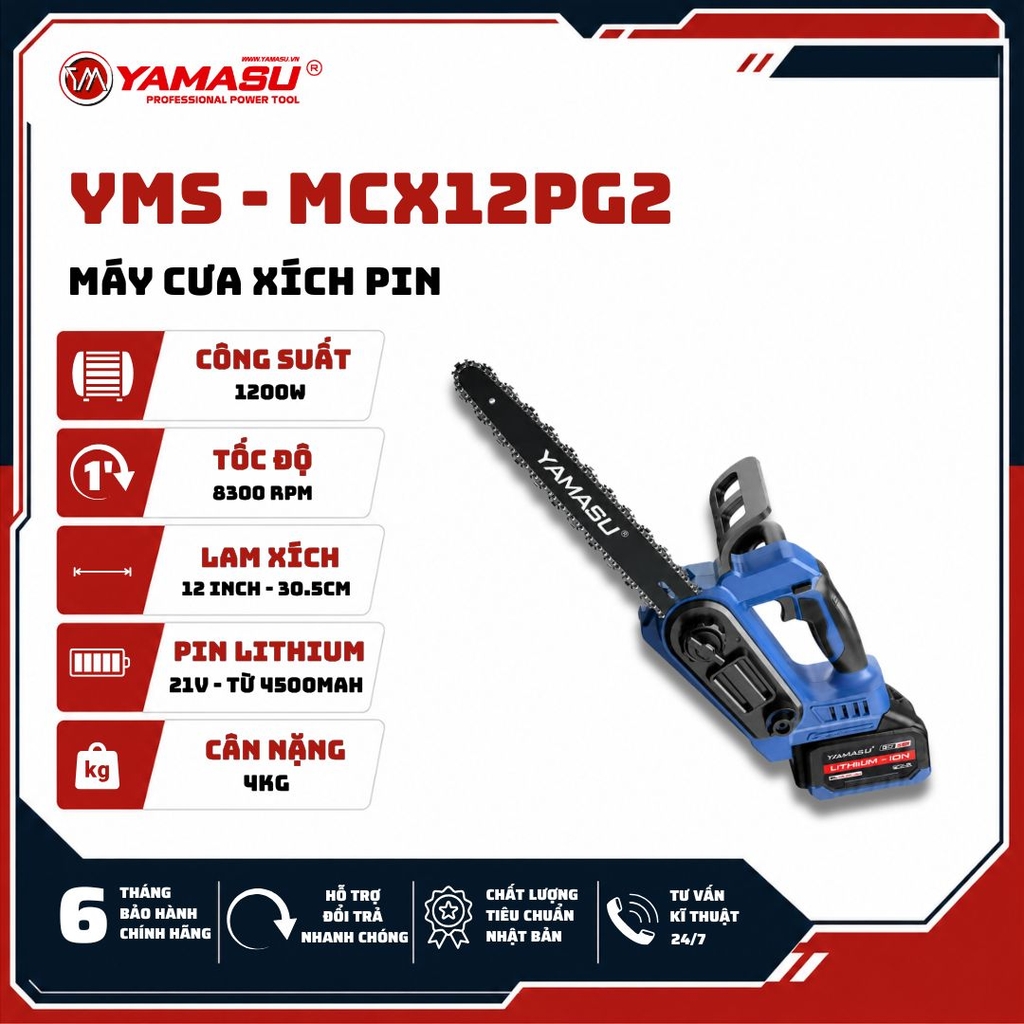 MÁY CƯA XÍCH YAMASU YMS-MCX12PG2 CÔNG SUẤT 1200W PIN 21V ( CẮT GỖ)