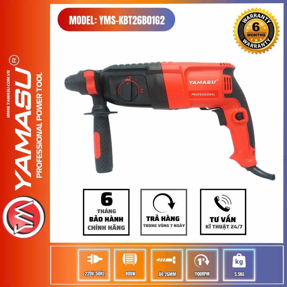 MÁY KHOAN BÊ TÔNG YAMASU YMS-KBT26B01G2 ĐẢO CHIỀU CÔNG SUẤT LỚN 800W