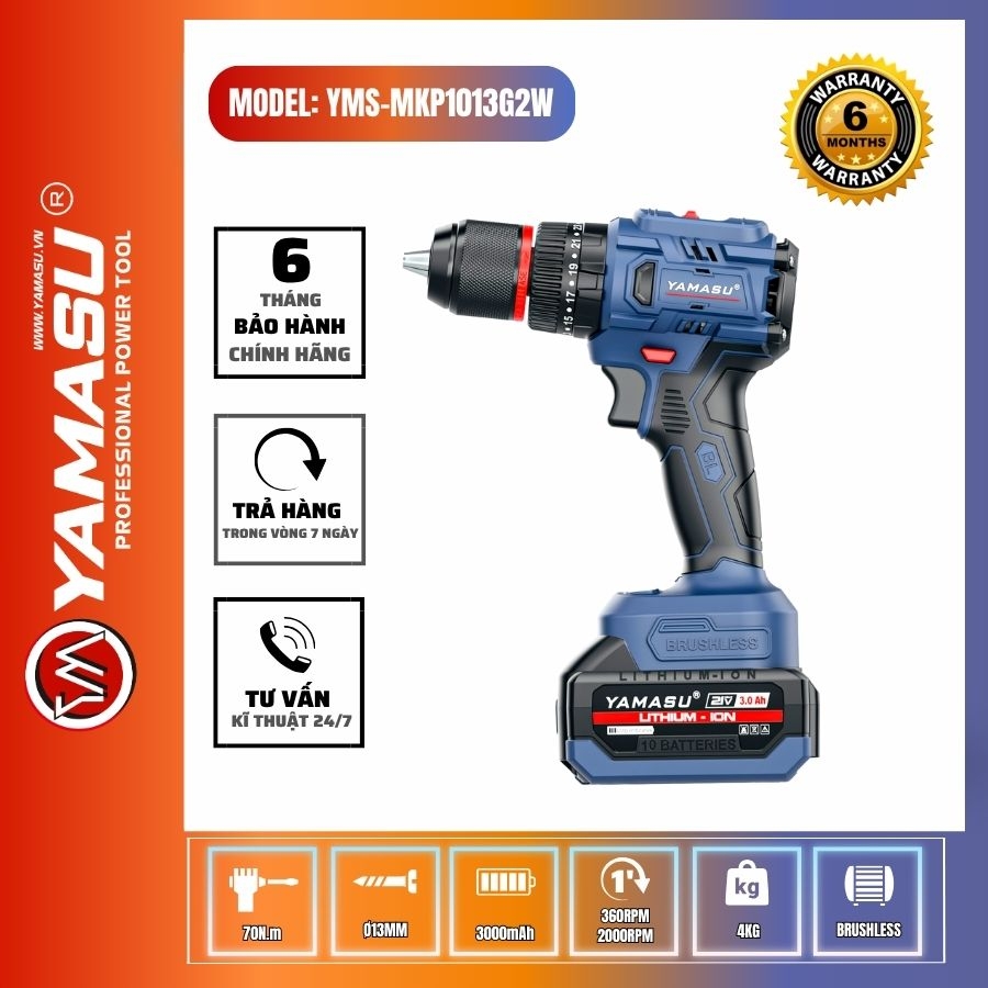 MÁY KHOAN PIN YAMASU YMS-MKP1013G2W ĐA NĂNG LỰC SIẾT 70N PIN 21V