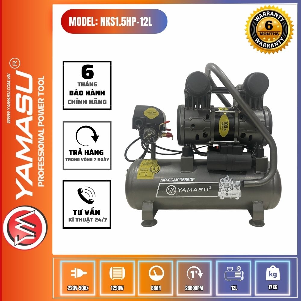 MÁY NÉN KHÍ YAMASU NKS1.5HP-12L GIẢM ÂM KHÔNG DẦU