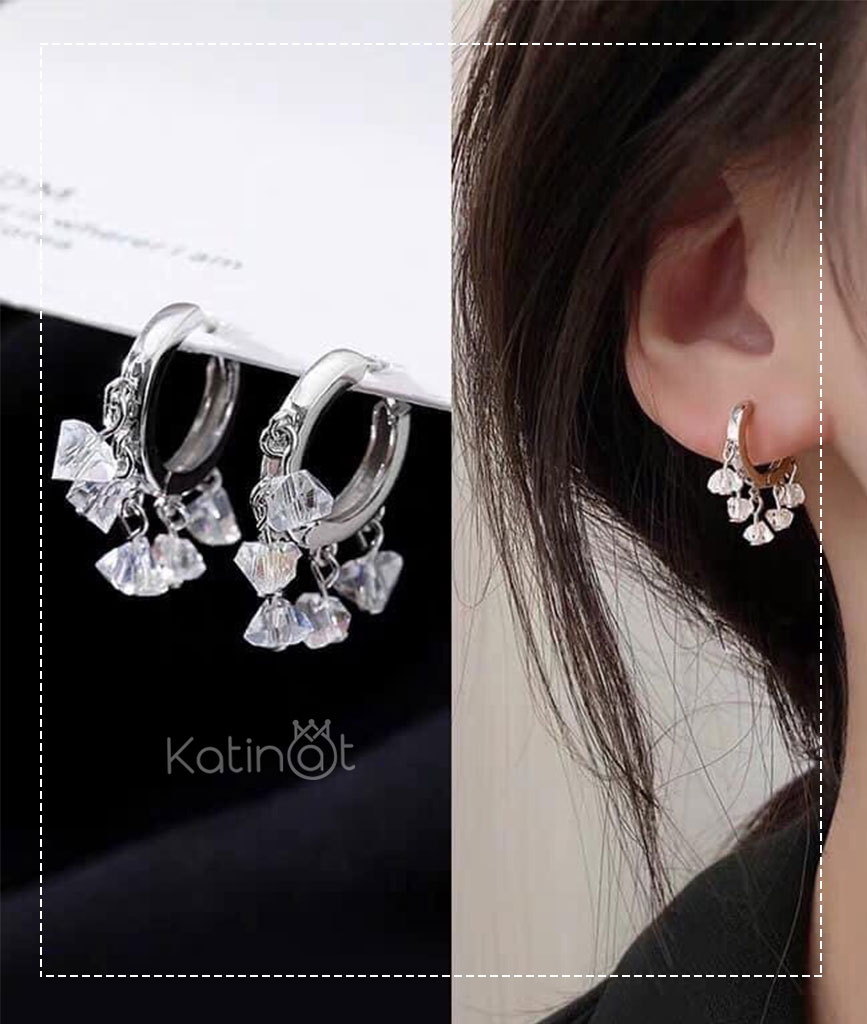 Bông tai bạc kiểu treo đá thô