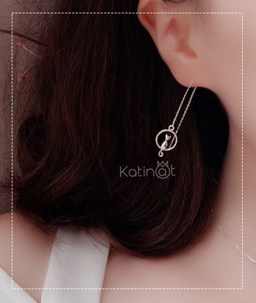 Bông tai bạc treo hình mèo con