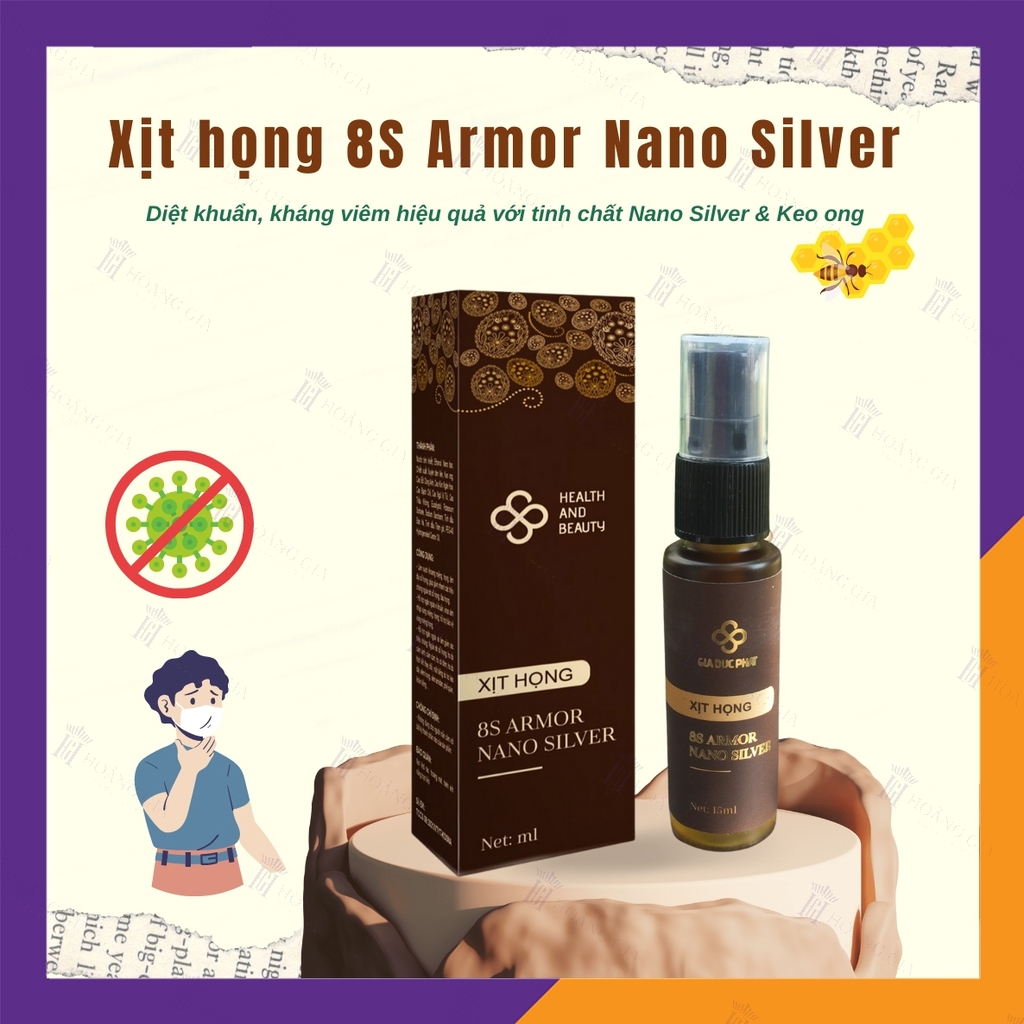 Xịt Họng 8S Armor Nano Silver – Tinh Chất Nano Bạc Xuyên Tâm Liên & Keo Ong Ngăn Ngừa Vi Khuẩn, Hỗ Trợ Bảo Vệ Vùng Miệng