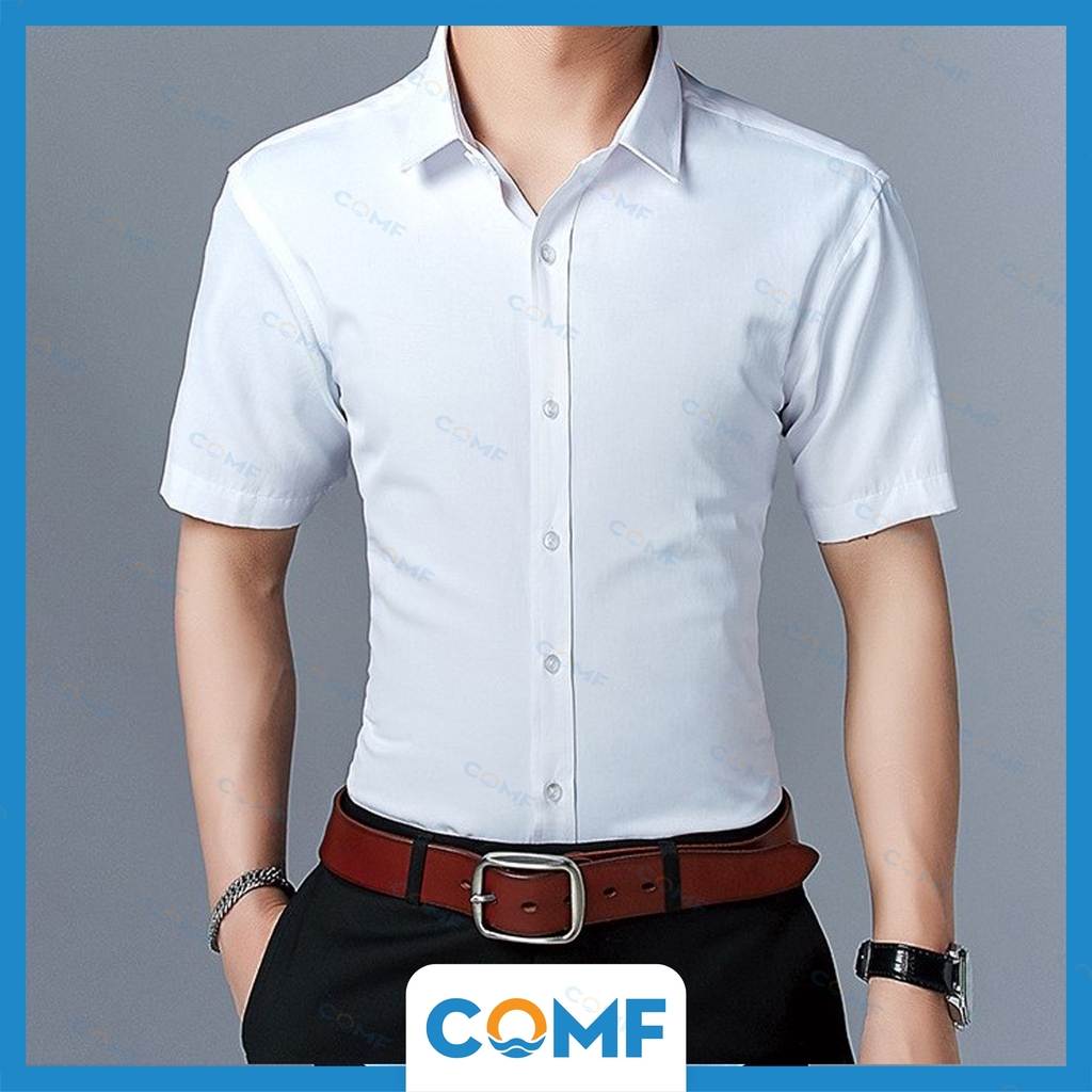 Áo sơ mi Nam COMF cotton tay ngắn phong cách Hàn Quốc, kiểu dáng slim fit, màu trắng