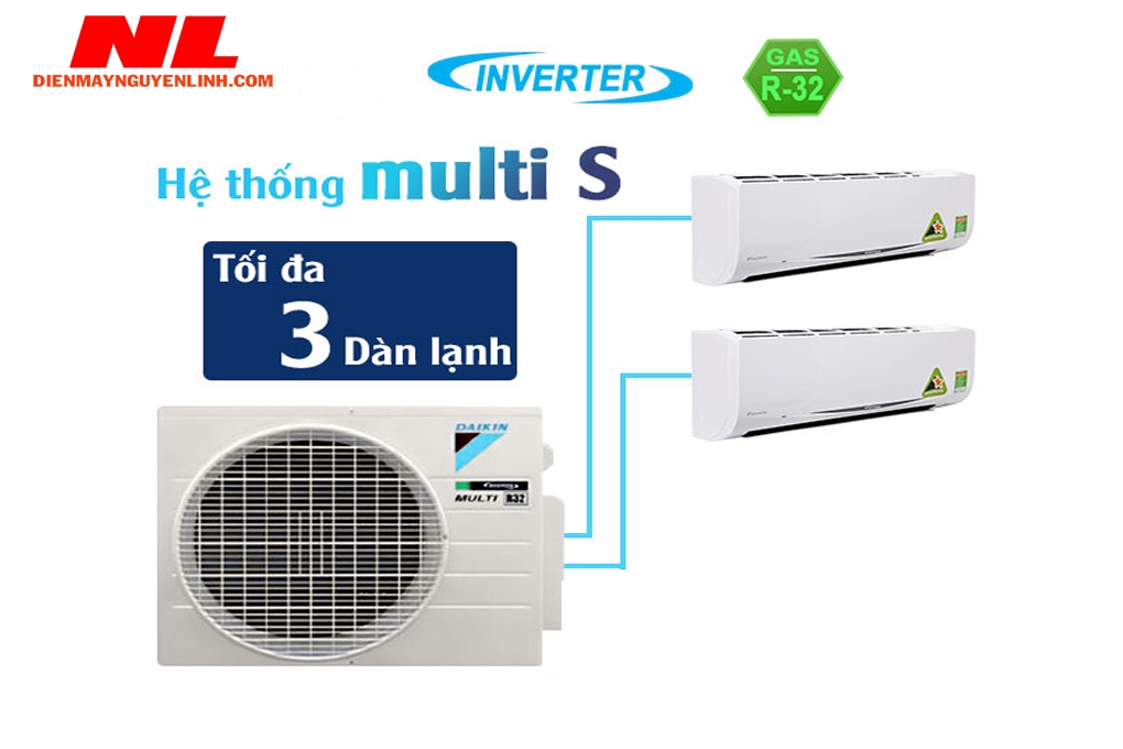 Hệ thống điều hòa Daikin multi S Inverter 2.0HP - 1 dàn nóng 2 dàn lạnh (1.0 + 1.5 Hp)