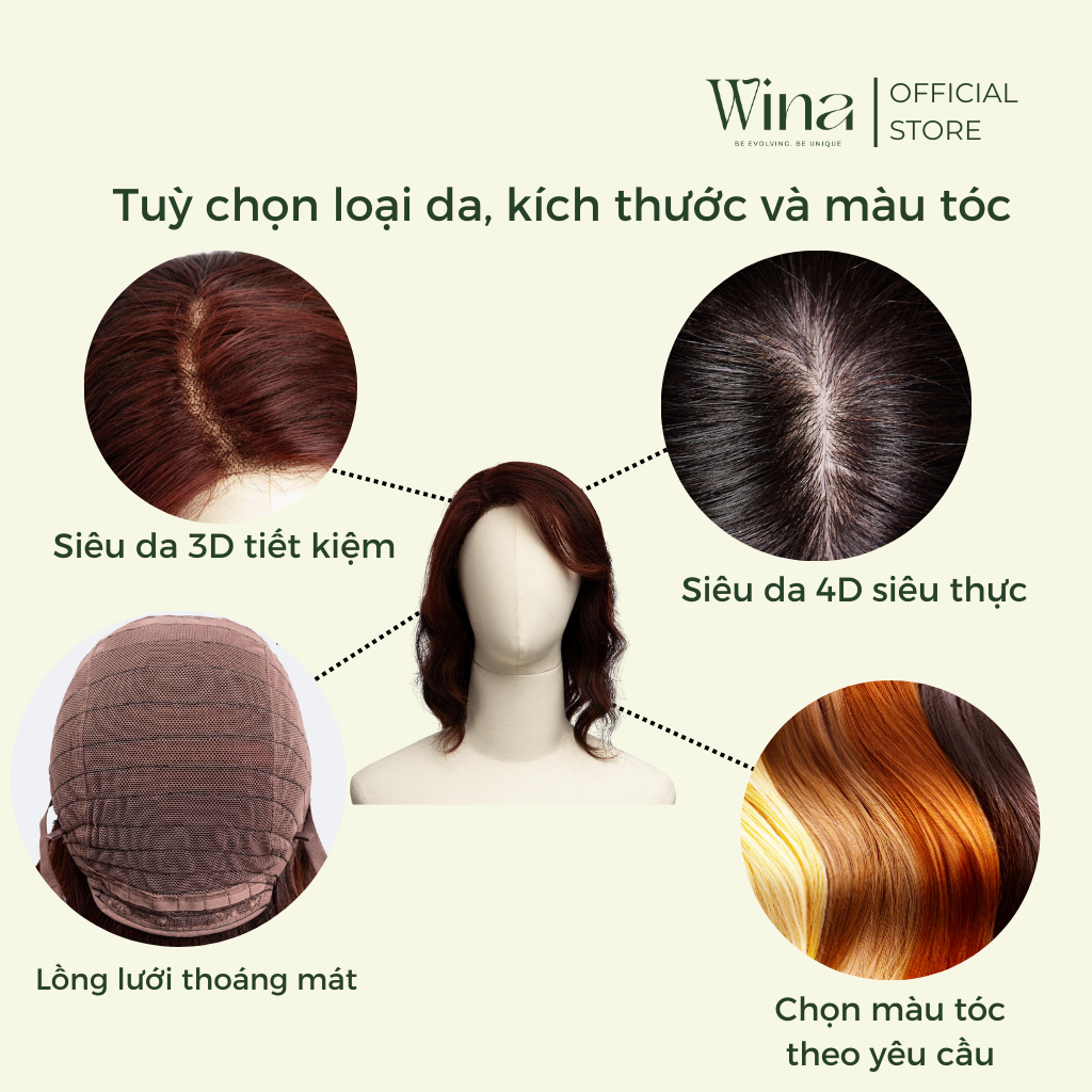Tóc Giả Nguyên Đầu Gợn Sóng Bằng Tóc Thật Đỏ Rượu Omber 45cm