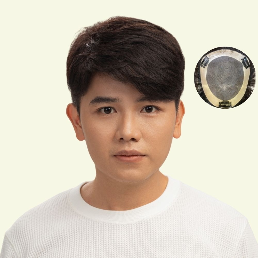 Tóc Giả Nam Che Phủ Đỉnh - Basic Hai Mái Rủ Nâu Đen