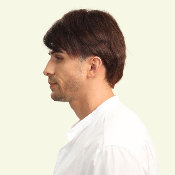 Tóc Giả Nam Nguyên Đầu - Side Part Mái Xéo Nâu Socola Siêu Da 4D