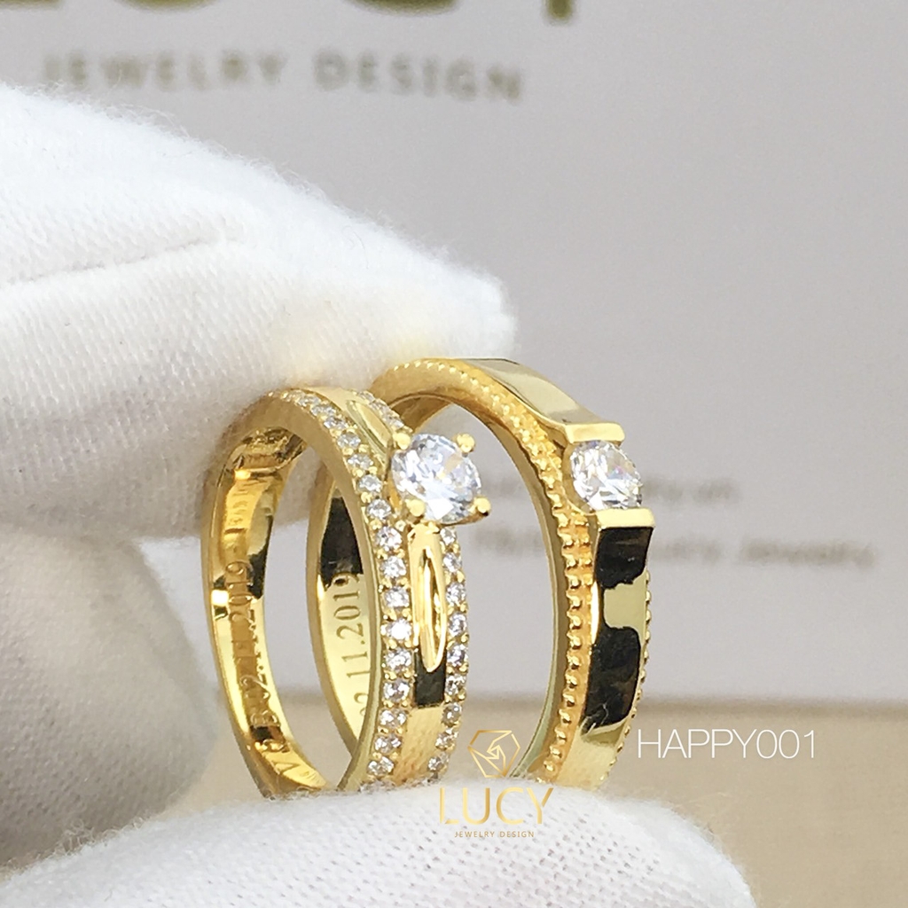 HAPPY001 Nhẫn cưới đẹp vàng tây, vàng trắng, vàng hồng 10k 14k 18k, Bạch Kim Platinum PT900 đính CZ, Moissanite, Kim cương - Lucy Jewelry