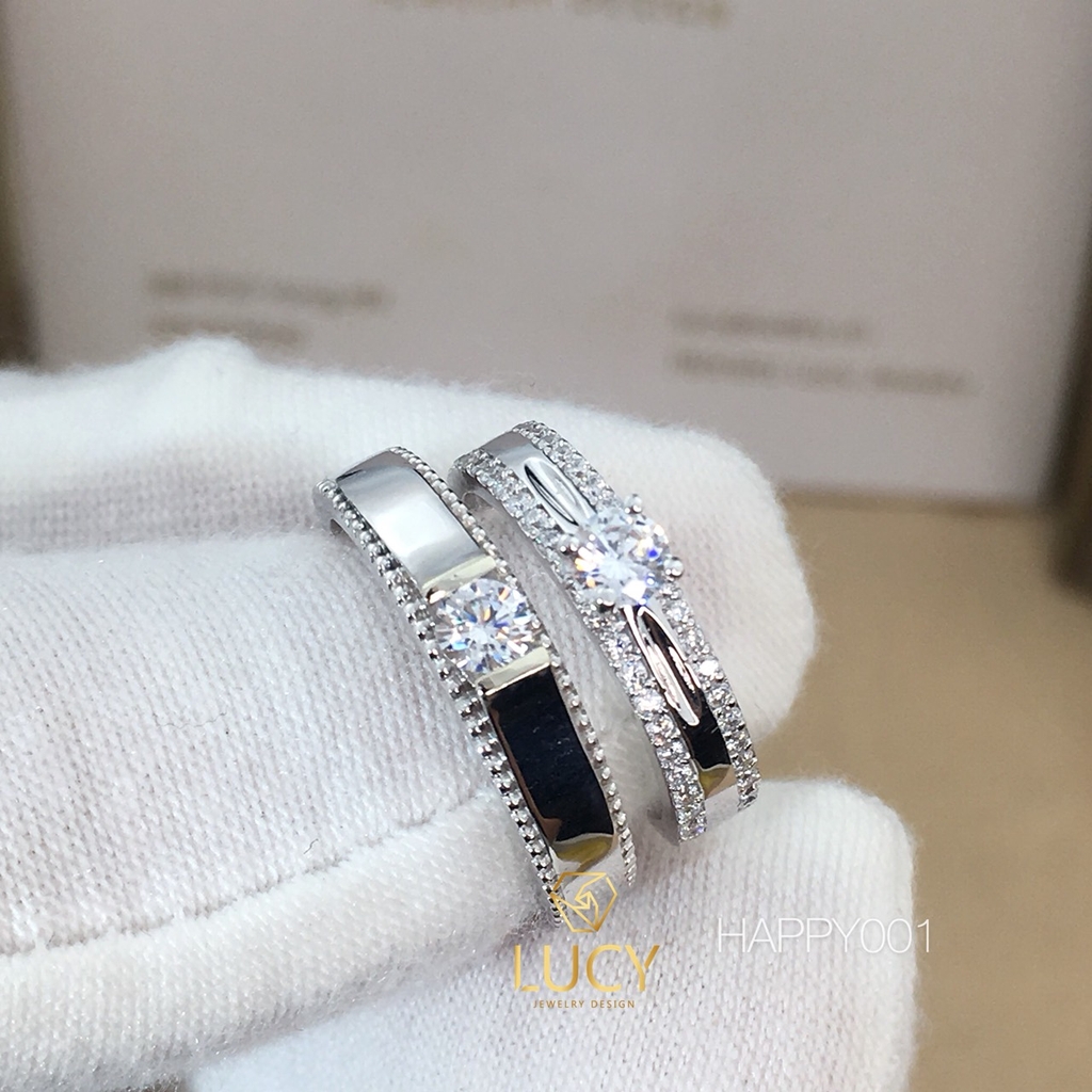 HAPPY001 Nhẫn cưới đẹp vàng tây, vàng trắng, vàng hồng 10k 14k 18k, Bạch Kim Platinum PT900 đính CZ, Moissanite, Kim cương - Lucy Jewelry