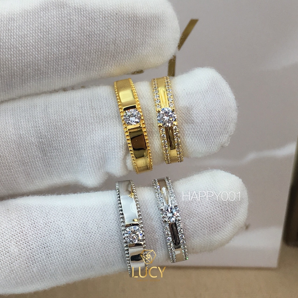 HAPPY001 Nhẫn cưới đẹp vàng tây, vàng trắng, vàng hồng 10k 14k 18k, Bạch Kim Platinum PT900 đính CZ, Moissanite, Kim cương - Lucy Jewelry