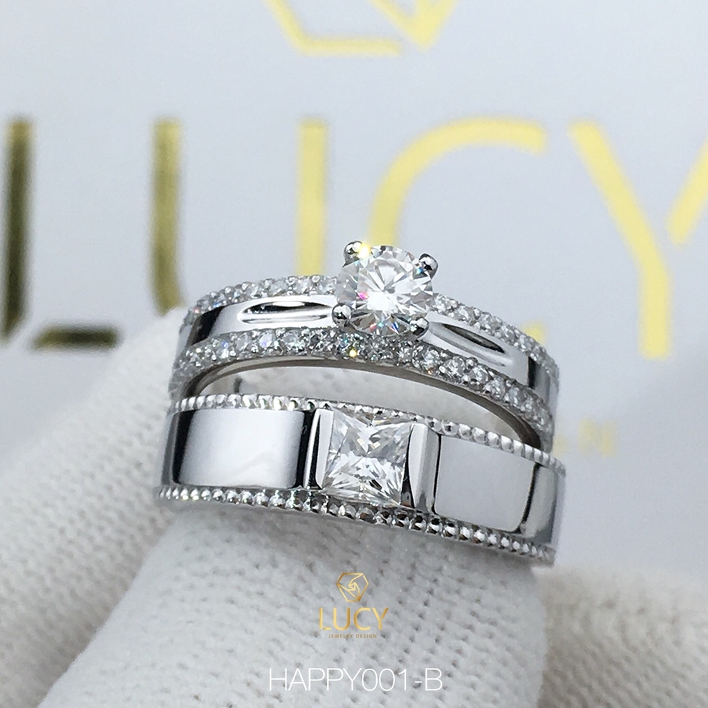 HAPPY001B Nhẫn cưới đẹp vàng tây, vàng trắng, vàng hồng 10k 14k 18k, Bạch Kim Platinum PT900 đính CZ, Moissanite, Kim cương - Lucy Jewelry