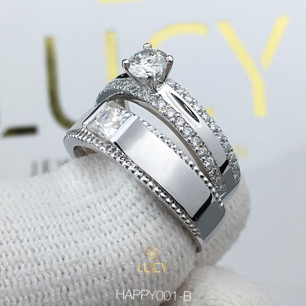 HAPPY001B Nhẫn cưới đẹp vàng tây, vàng trắng, vàng hồng 10k 14k 18k, Bạch Kim Platinum PT900 đính CZ, Moissanite, Kim cương - Lucy Jewelry