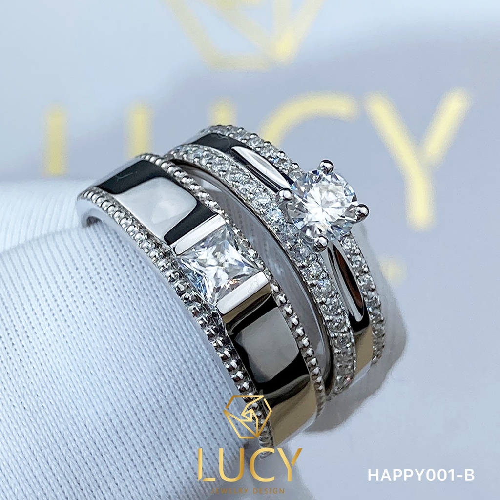 HAPPY001B Nhẫn cưới đẹp vàng tây, vàng trắng, vàng hồng 10k 14k 18k, Bạch Kim Platinum PT900 đính CZ, Moissanite, Kim cương - Lucy Jewelry