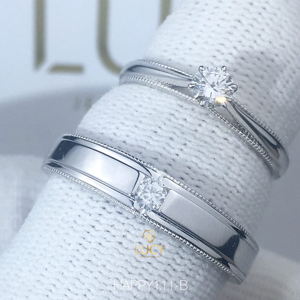 HAPPY111B Nhẫn cưới vàng tây-trắng-hồng 10k 14k 18k, Bạch Kim Platinum PT900 đá CZ, Moissanite, Kim cương 3.5mm 3.6mm 4mm - Lucy Jewelry