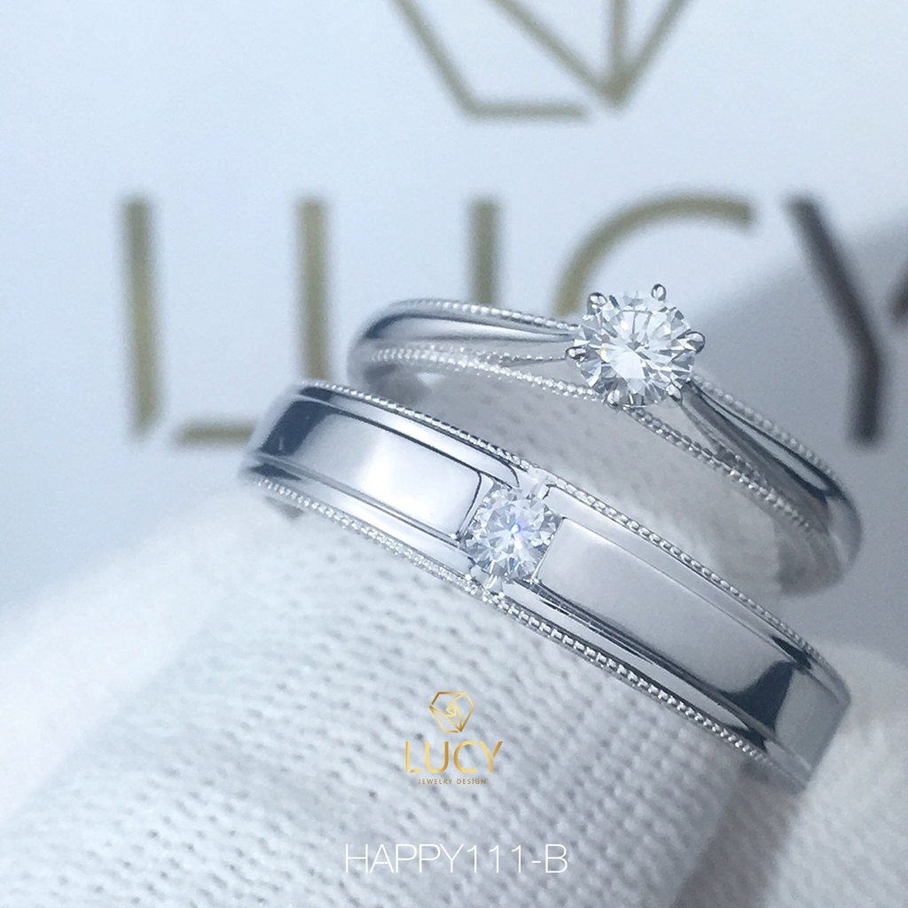 HAPPY111B Nhẫn cưới vàng tây-trắng-hồng 10k 14k 18k, Bạch Kim Platinum PT900 đá CZ, Moissanite, Kim cương 3.5mm 3.6mm 4mm - Lucy Jewelry