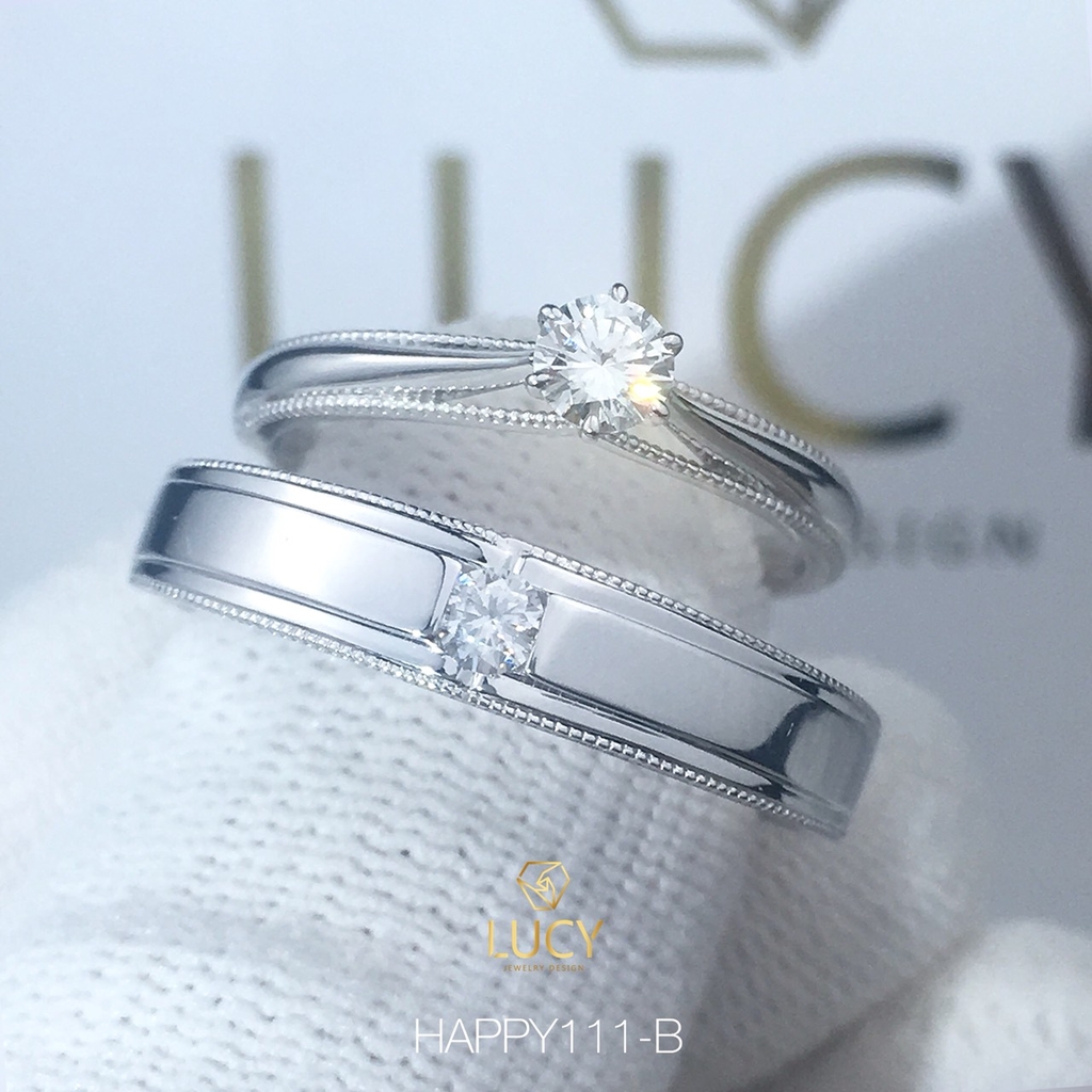 HAPPY111B Nhẫn cưới vàng tây-trắng-hồng 10k 14k 18k, Bạch Kim Platinum PT900 đá CZ, Moissanite, Kim cương 3.5mm 3.6mm 4mm - Lucy Jewelry