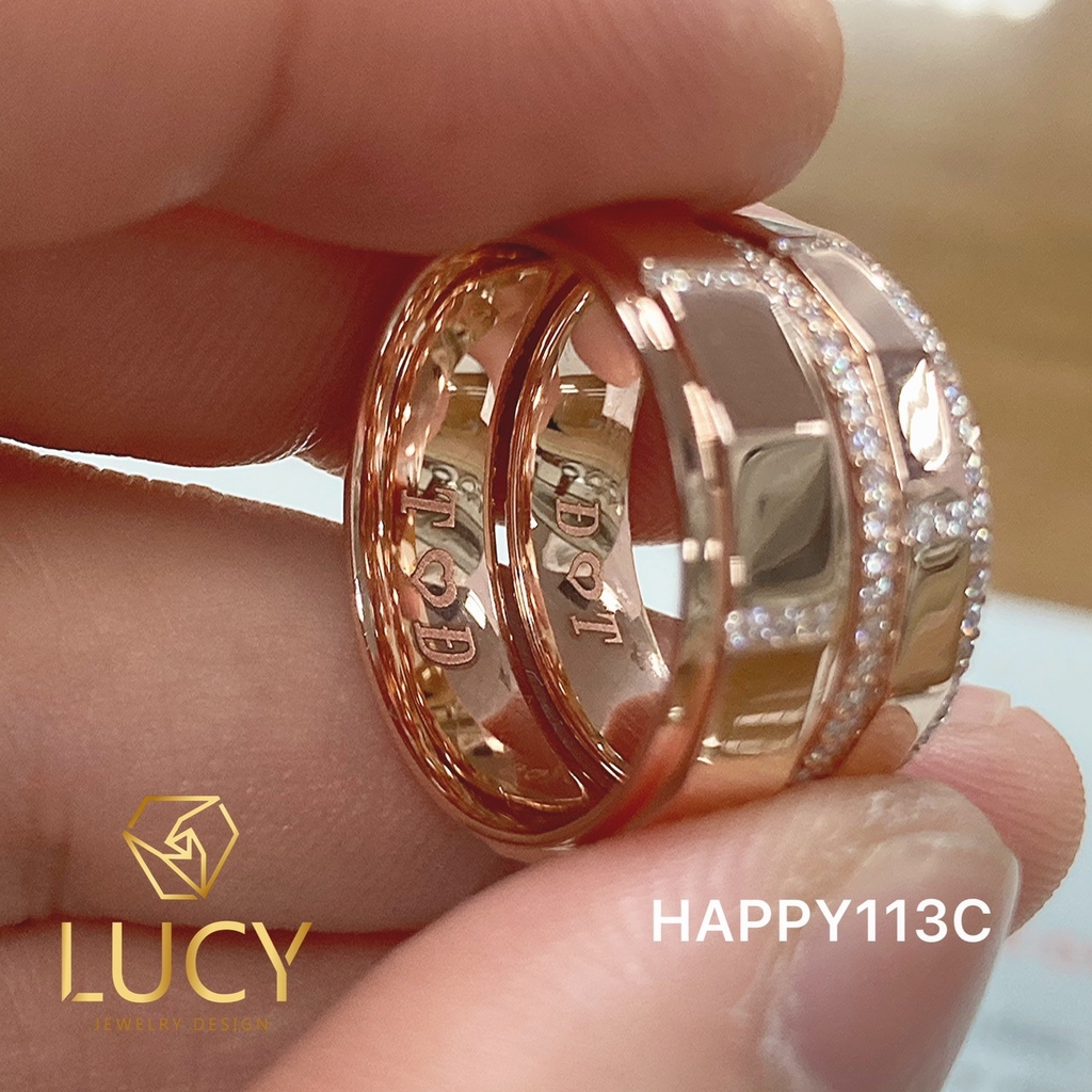 HAPPY113C Nhẫn cưới đẹp vàng tây, vàng trắng, vàng hồng 10k 14k 18k, Bạch Kim Platinum PT900 đính CZ, Moissanite, Kim cương - Lucy Jewelry