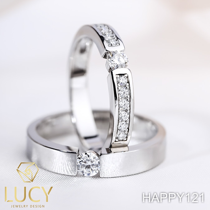 HAPPY121 Nhẫn cưới đẹp vàng tây, vàng trắng, vàng hồng 10k 14k 18k, Bạch Kim Platinum PT900 đính CZ, Moissanite, Kim cương - Lucy Jewelry