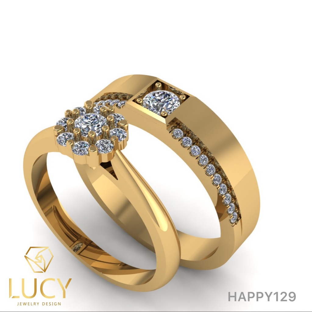 HAPPY129 - Nhẫn cưới vàng và bạch kim platinum đính CZ , Moissanite, Kim cương tự nhiên  - Lucy Jewelry