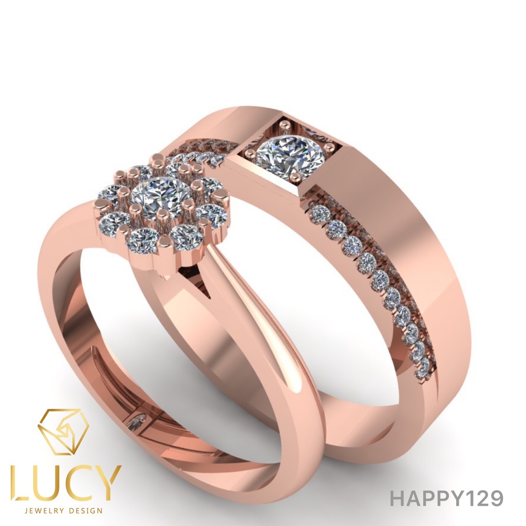 HAPPY129 - Nhẫn cưới vàng và bạch kim platinum đính CZ , Moissanite, Kim cương tự nhiên  - Lucy Jewelry