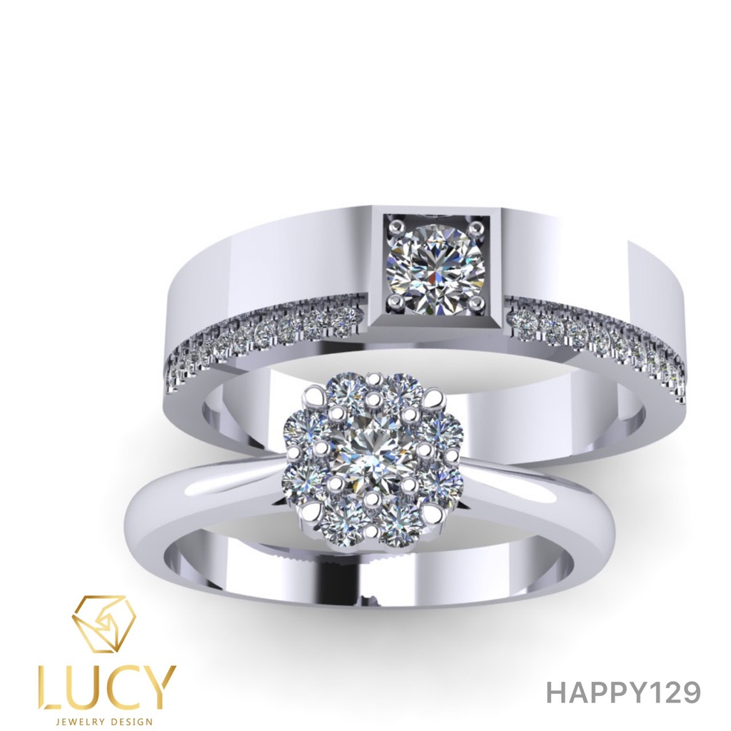 HAPPY129 - Nhẫn cưới vàng và bạch kim platinum đính CZ , Moissanite, Kim cương tự nhiên  - Lucy Jewelry