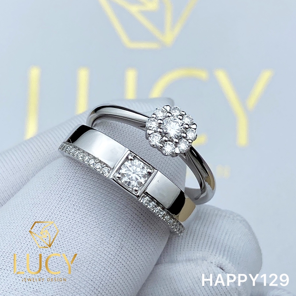 HAPPY129 - Nhẫn cưới vàng và bạch kim platinum đính CZ , Moissanite, Kim cương tự nhiên  - Lucy Jewelry