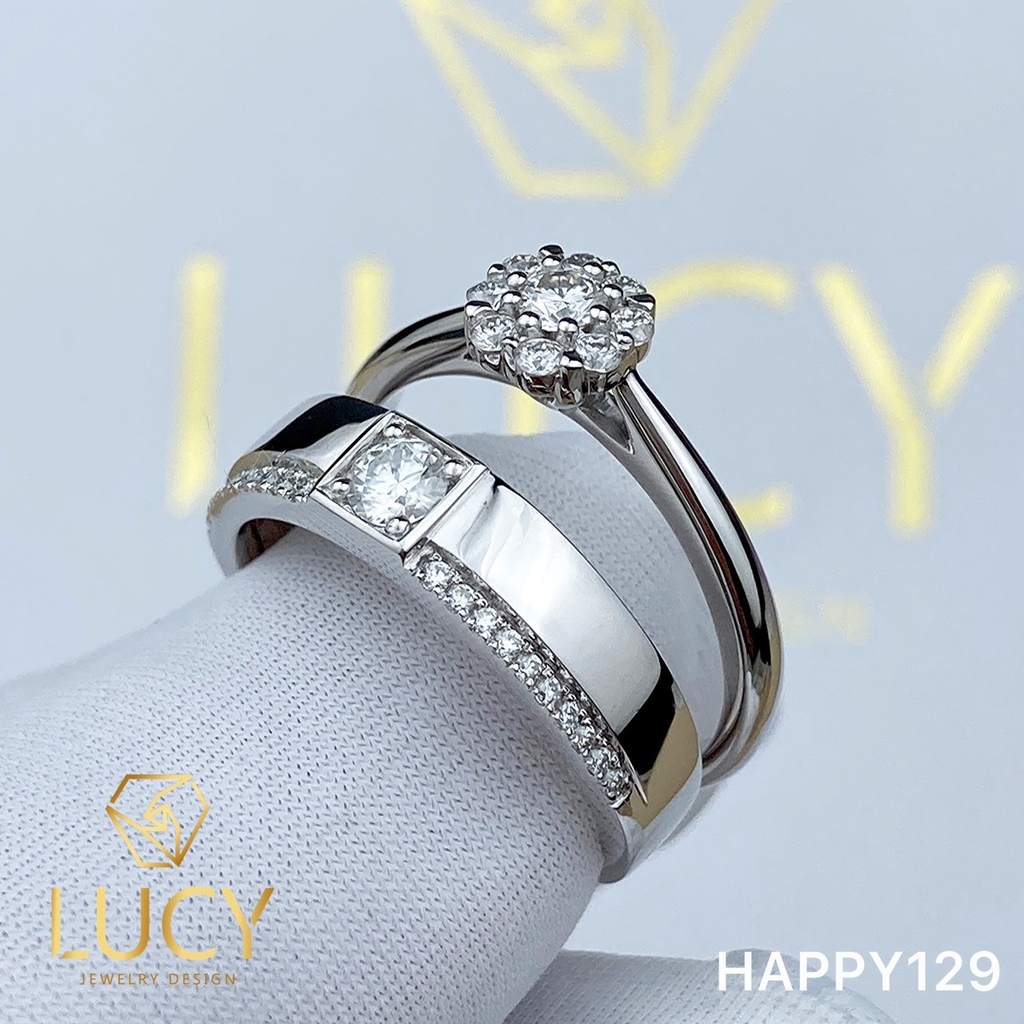 HAPPY129 - Nhẫn cưới vàng và bạch kim platinum đính CZ , Moissanite, Kim cương tự nhiên  - Lucy Jewelry