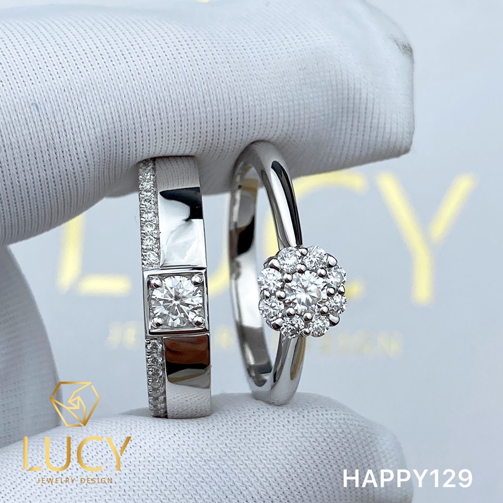 HAPPY129 - Nhẫn cưới vàng và bạch kim platinum đính CZ , Moissanite, Kim cương tự nhiên  - Lucy Jewelry