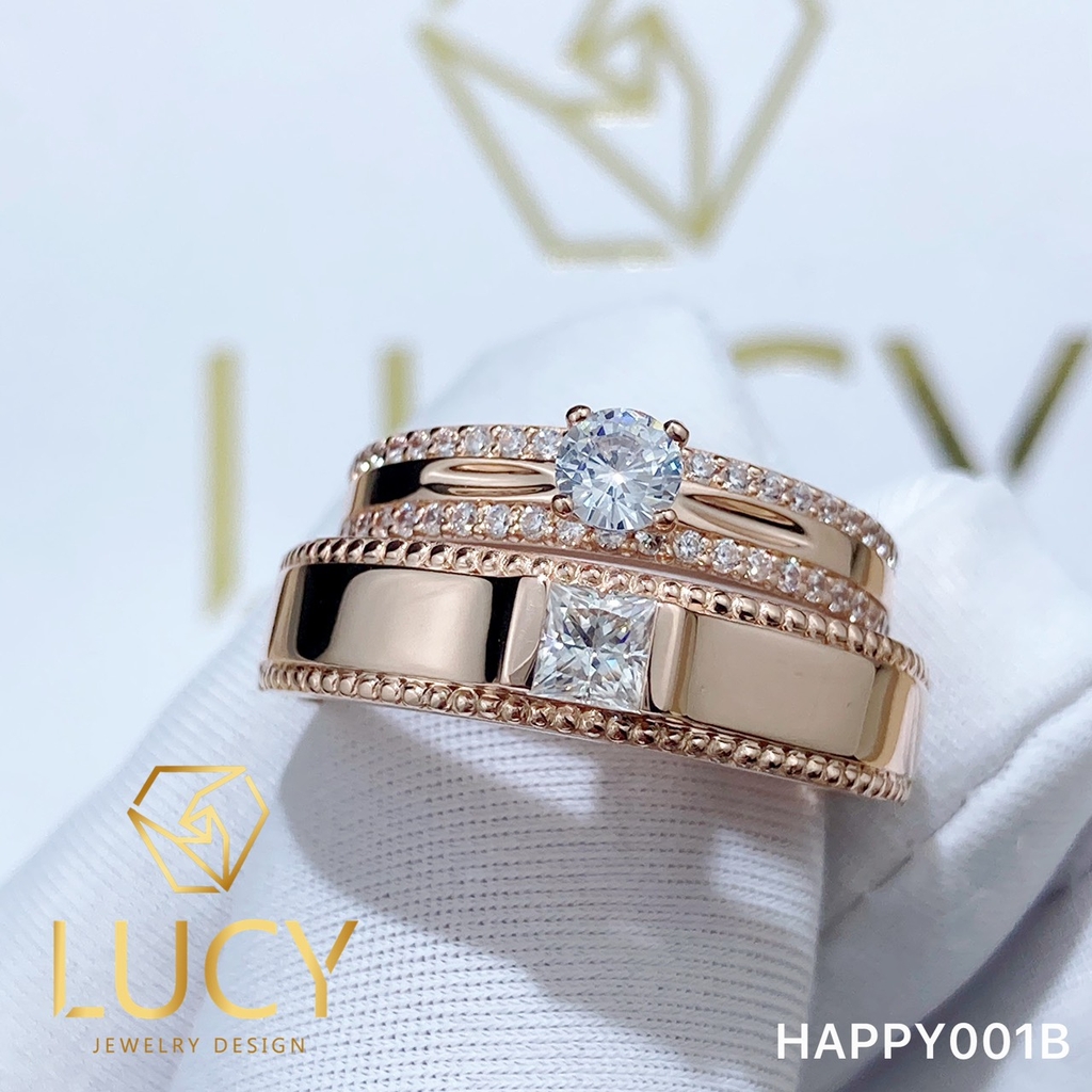 HAPPY001B Nhẫn cưới đẹp vàng tây, vàng trắng, vàng hồng 10k 14k 18k, Bạch Kim Platinum PT900 đính CZ, Moissanite, Kim cương - Lucy Jewelry