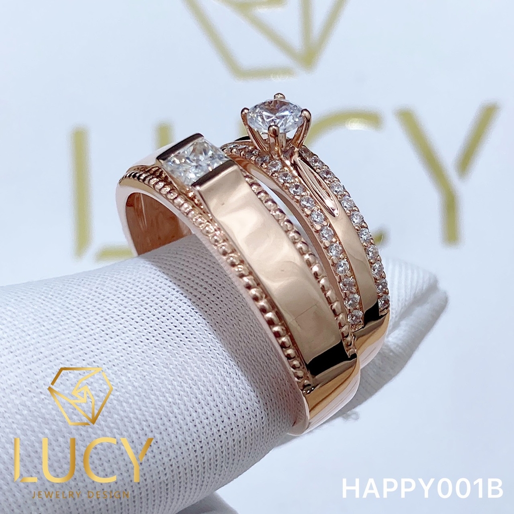 HAPPY001B Nhẫn cưới đẹp vàng tây, vàng trắng, vàng hồng 10k 14k 18k, Bạch Kim Platinum PT900 đính CZ, Moissanite, Kim cương - Lucy Jewelry