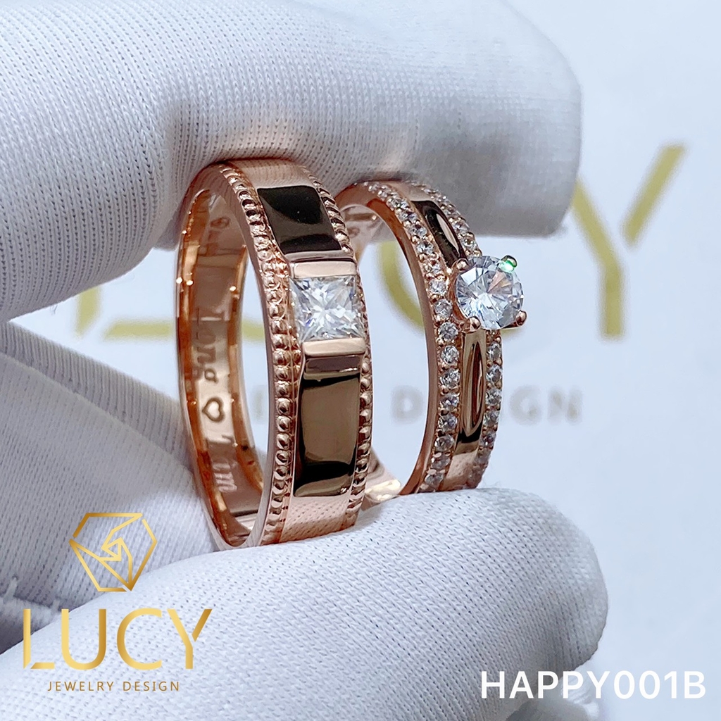 HAPPY001B Nhẫn cưới đẹp vàng tây, vàng trắng, vàng hồng 10k 14k 18k, Bạch Kim Platinum PT900 đính CZ, Moissanite, Kim cương - Lucy Jewelry