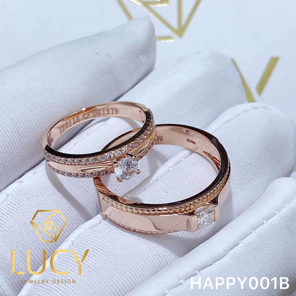 HAPPY001B Nhẫn cưới đẹp vàng tây, vàng trắng, vàng hồng 10k 14k 18k, Bạch Kim Platinum PT900 đính CZ, Moissanite, Kim cương - Lucy Jewelry