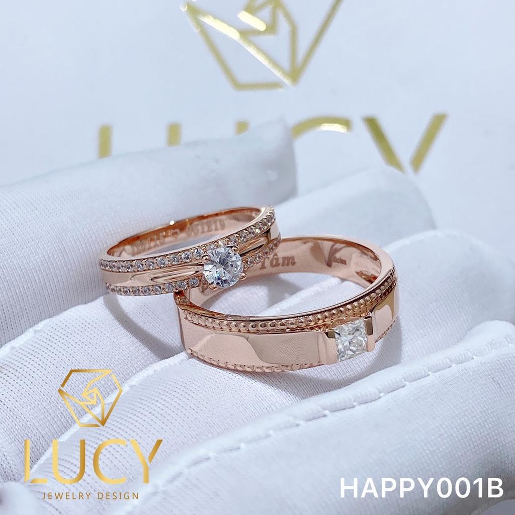 HAPPY001B Nhẫn cưới đẹp vàng tây, vàng trắng, vàng hồng 10k 14k 18k, Bạch Kim Platinum PT900 đính CZ, Moissanite, Kim cương - Lucy Jewelry