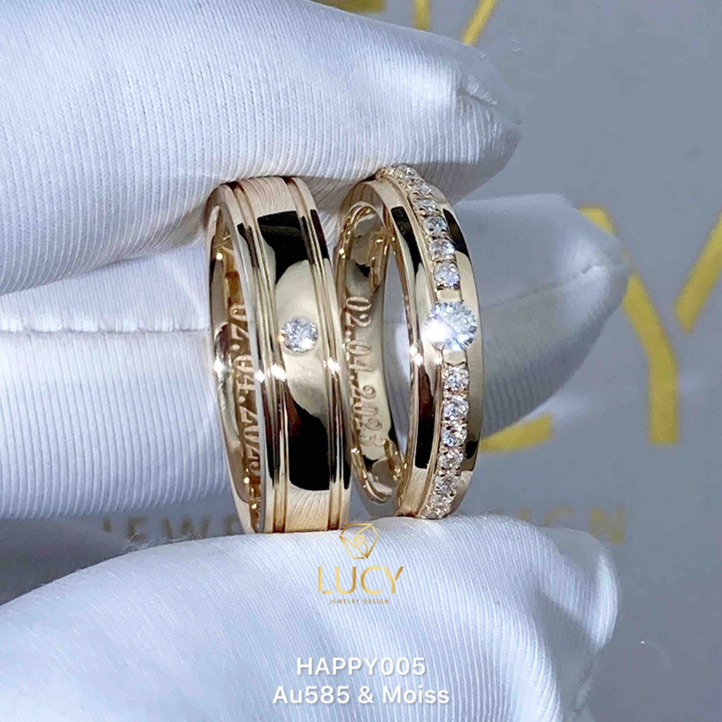 HAPPY005 Nhẫn cưới đẹp vàng tây, vàng trắng, vàng hồng 10k 14k 18k, Bạch Kim Platinum PT900 đính CZ, Moissanite, Kim cương - Lucy Jewelry