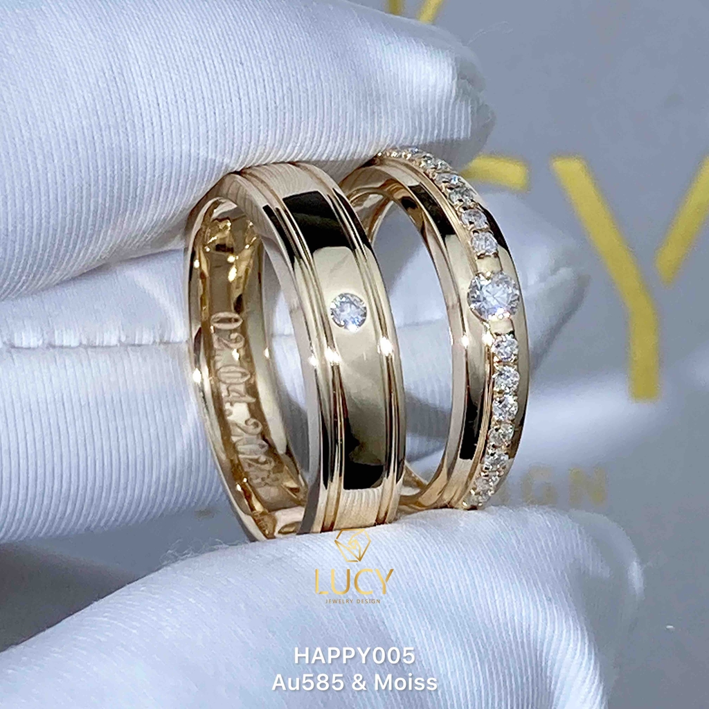HAPPY005 Nhẫn cưới đẹp vàng tây, vàng trắng, vàng hồng 10k 14k 18k, Bạch Kim Platinum PT900 đính CZ, Moissanite, Kim cương - Lucy Jewelry