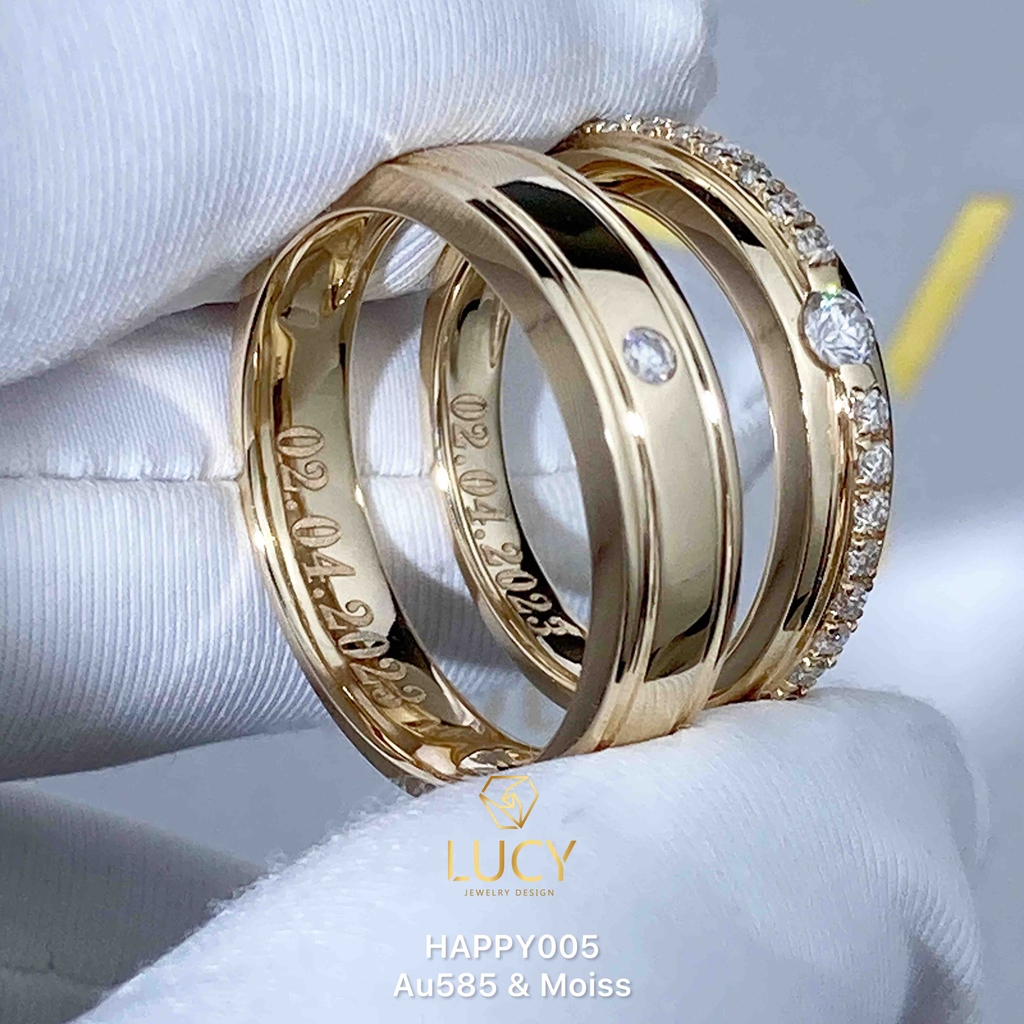 HAPPY005 Nhẫn cưới đẹp vàng tây, vàng trắng, vàng hồng 10k 14k 18k, Bạch Kim Platinum PT900 đính CZ, Moissanite, Kim cương - Lucy Jewelry