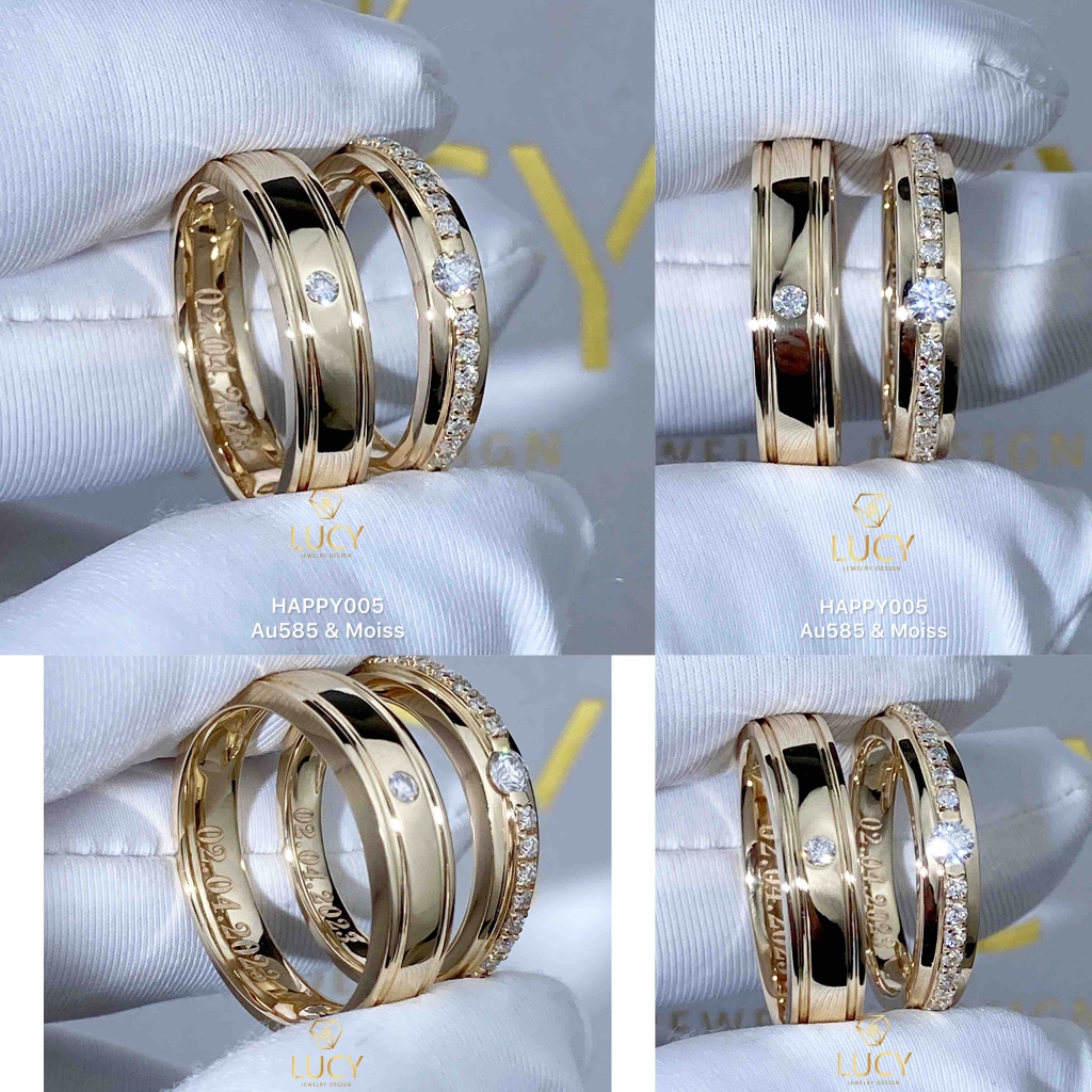 HAPPY005 Nhẫn cưới đẹp vàng tây, vàng trắng, vàng hồng 10k 14k 18k, Bạch Kim Platinum PT900 đính CZ, Moissanite, Kim cương - Lucy Jewelry