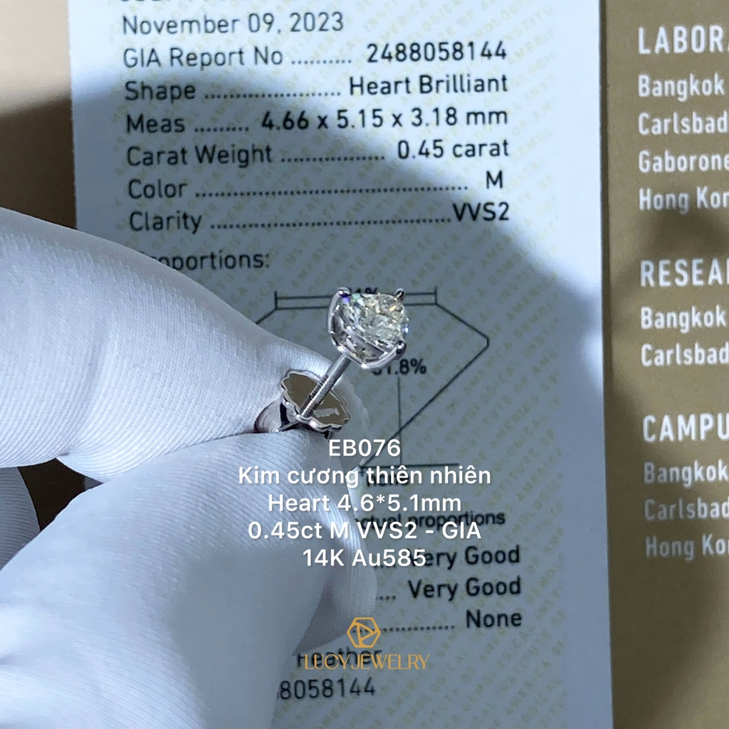 EB076 - Khuyên tai thiết kế, heart cut, 0.45 carat  - Lucy Jewelry