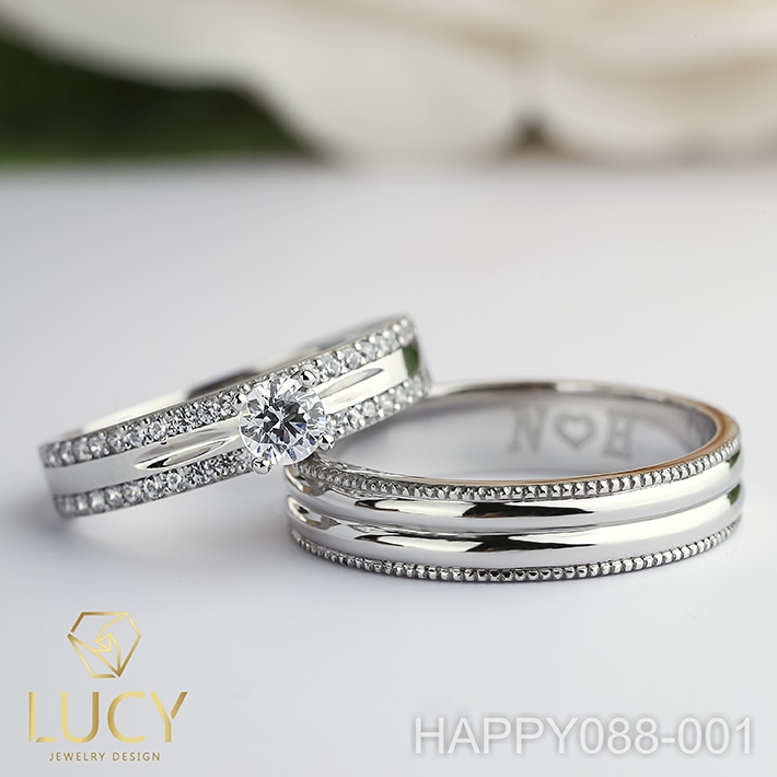 HAPPY088-001 Nhẫn cưới đẹp vàng tây, vàng trắng, vàng hồng 10k 14k 18k, Bạch Kim Platinum PT900 đính CZ, Moissanite, Kim cương - Lucy Jewelry