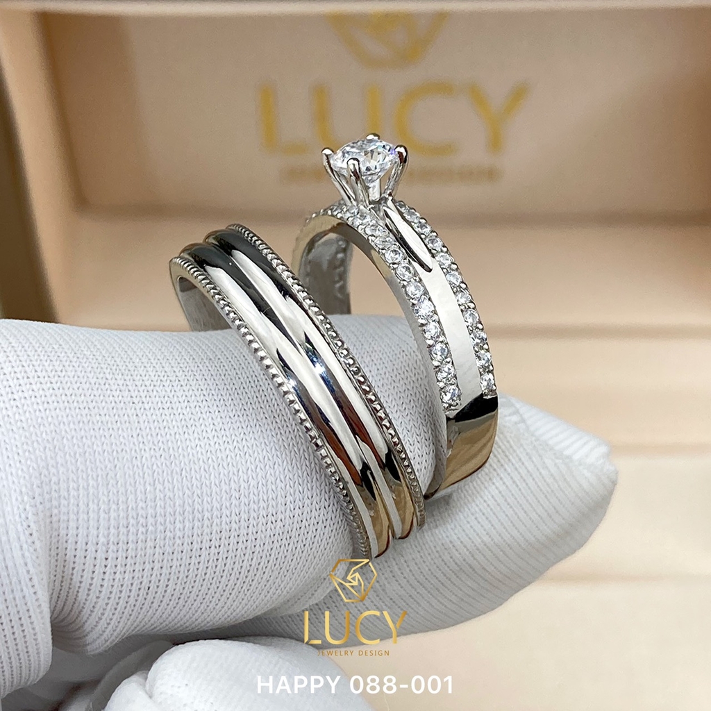 HAPPY088-001-PT900 Nhẫn cưới Bạch kim Platinum 90% PT900 đính CZ, Moissanite, Kim cương - Lucy Jewelry