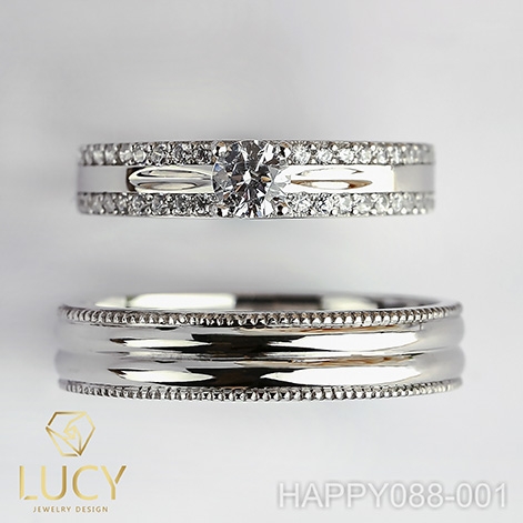 HAPPY088-001 Nhẫn cưới đẹp vàng tây, vàng trắng, vàng hồng 10k 14k 18k, Bạch Kim Platinum PT900 đính CZ, Moissanite, Kim cương - Lucy Jewelry