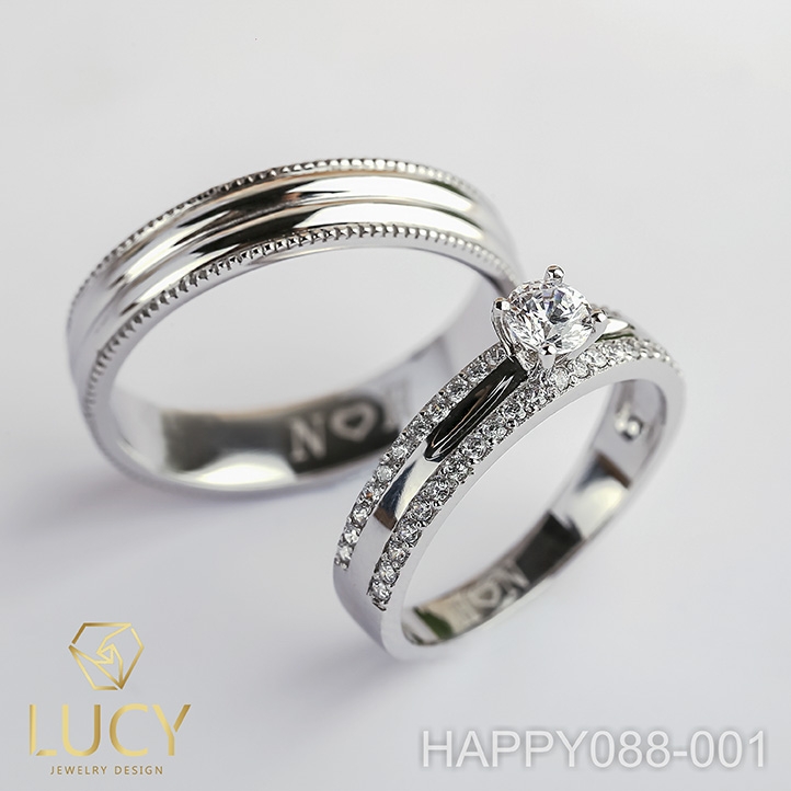 HAPPY088-001 Nhẫn cưới đẹp vàng tây, vàng trắng, vàng hồng 10k 14k 18k, Bạch Kim Platinum PT900 đính CZ, Moissanite, Kim cương - Lucy Jewelry