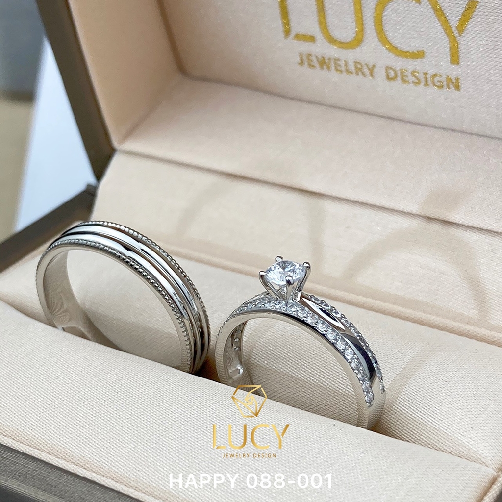 HAPPY088-001 Nhẫn cưới đẹp vàng tây, vàng trắng, vàng hồng 10k 14k 18k, Bạch Kim Platinum PT900 đính CZ, Moissanite, Kim cương - Lucy Jewelry