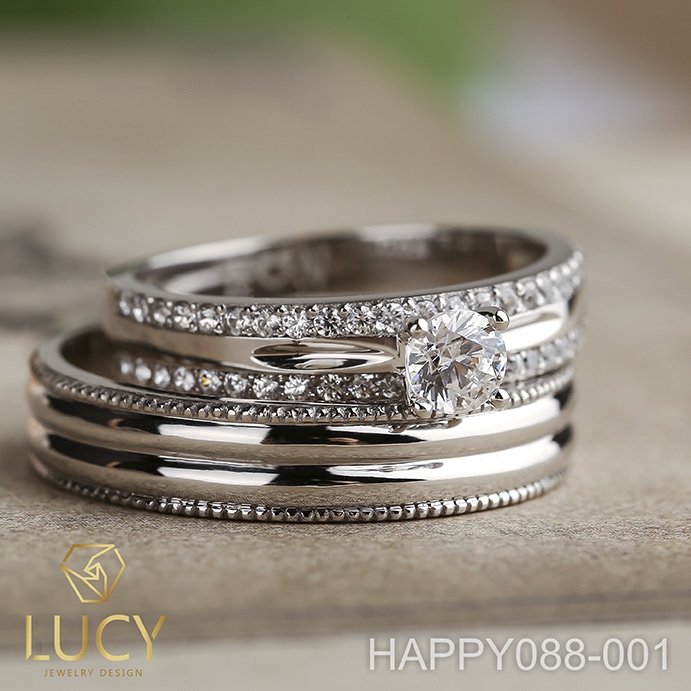 HAPPY088-001 Nhẫn cưới đẹp vàng tây, vàng trắng, vàng hồng 10k 14k 18k, Bạch Kim Platinum PT900 đính CZ, Moissanite, Kim cương - Lucy Jewelry