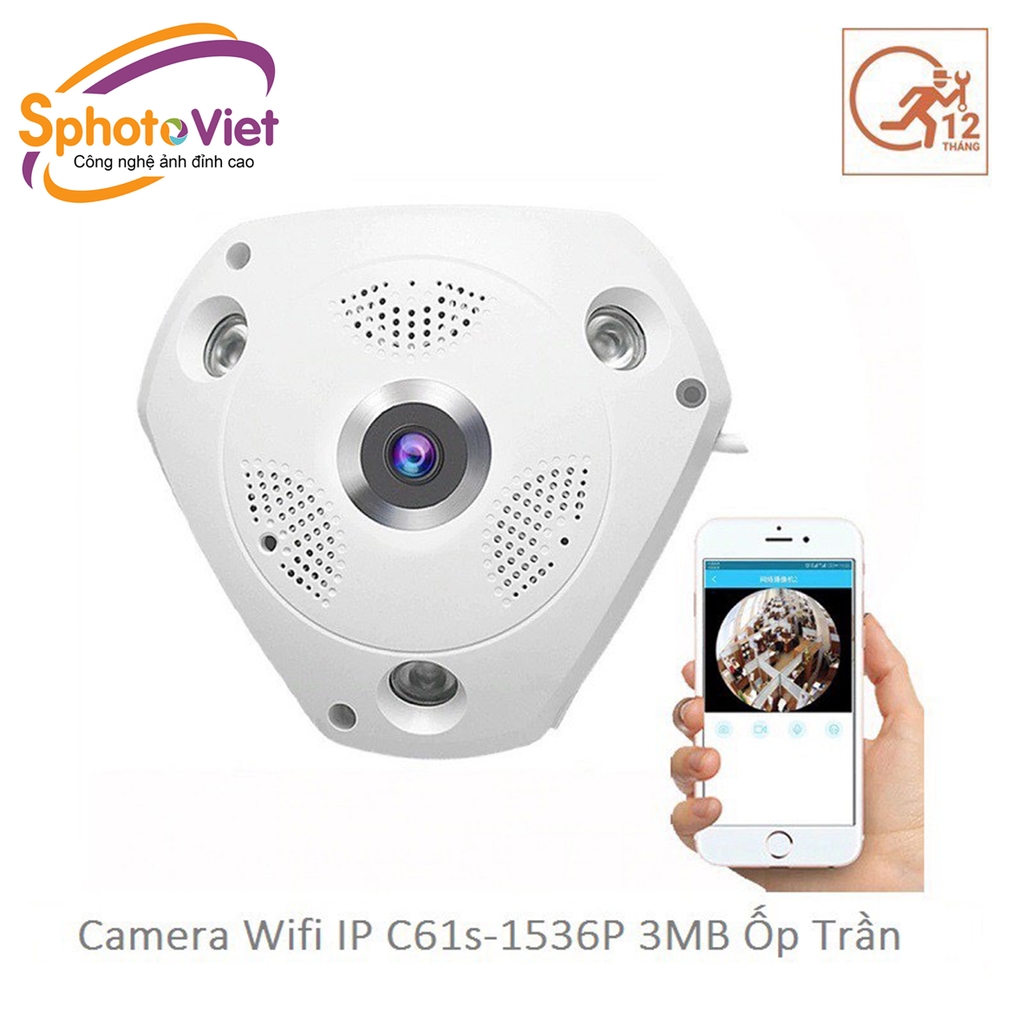 Camera wifi IP Vstarcam C61s FHD 1536P  ốp trần, góc rộng 180 độ, toàn cảnh 360