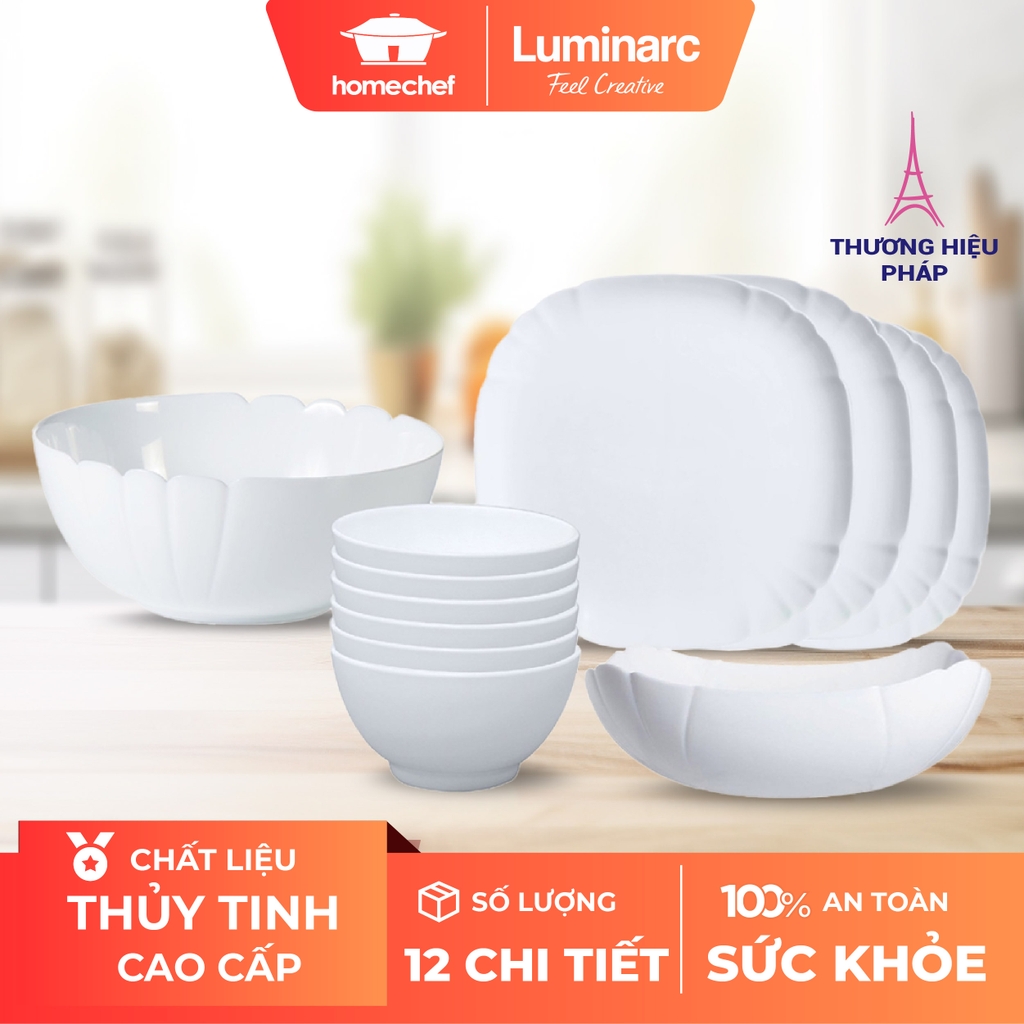 BỘ CHÉN ĐĨA THỦY TINH 12 MÓN LUMINARC DIWALI TRẮNG TINH TẾ SANG TRỌNG