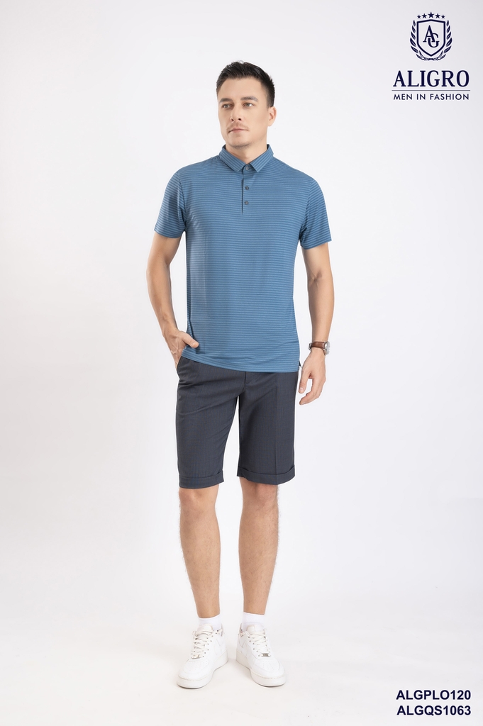 Áo polo golf nam ngắn tay ALIGRO chất vải coolmax màu xanh dệt kẻ ngang năng động ALGPLO120