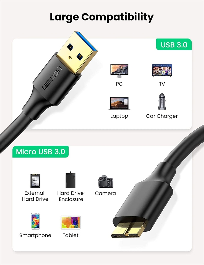 Cáp USB 3.0 A ra Micro B Ugreen 10843 2M màu đen